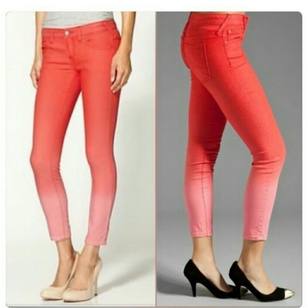 Free People Ombre Dip Dye Ankle Crop Skinny Jeans Sz 25. Coral and pink